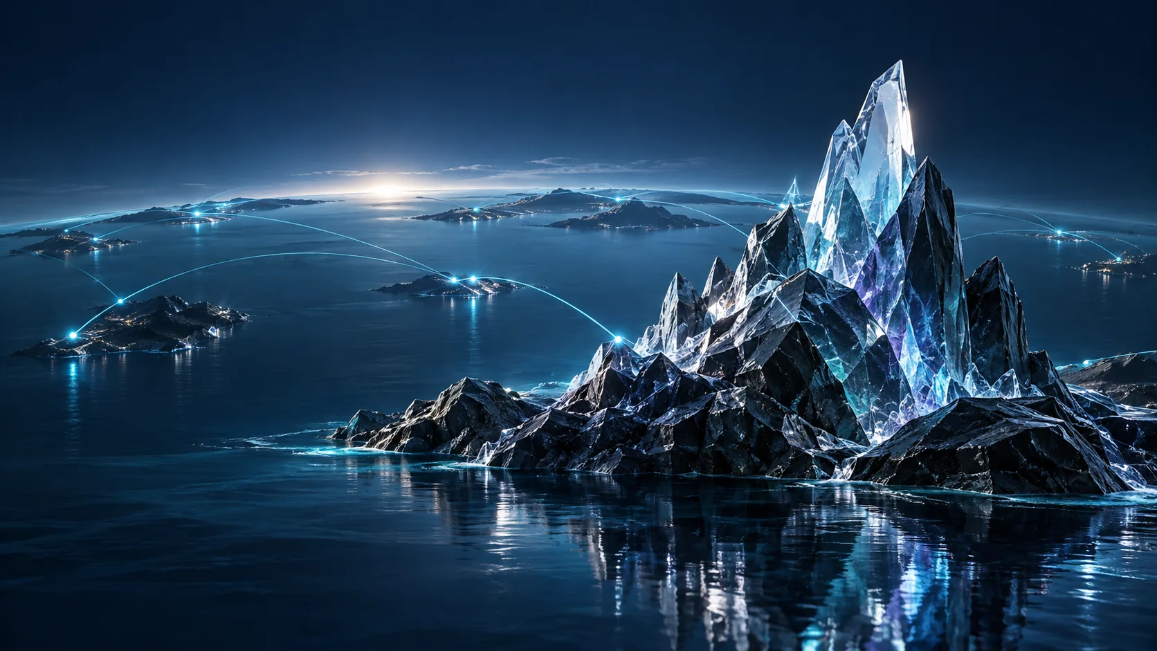 A luminous crystalline foundation connected across an ocean horizon