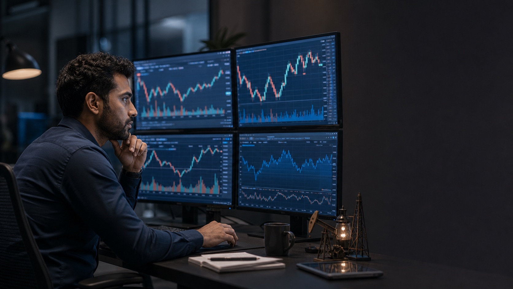 An analyst reviewing Energy-market charts in a multi-screen workspace