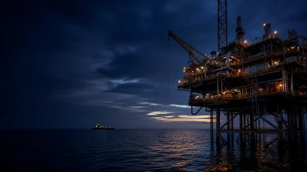 An offshore Energy production platform at blue hour