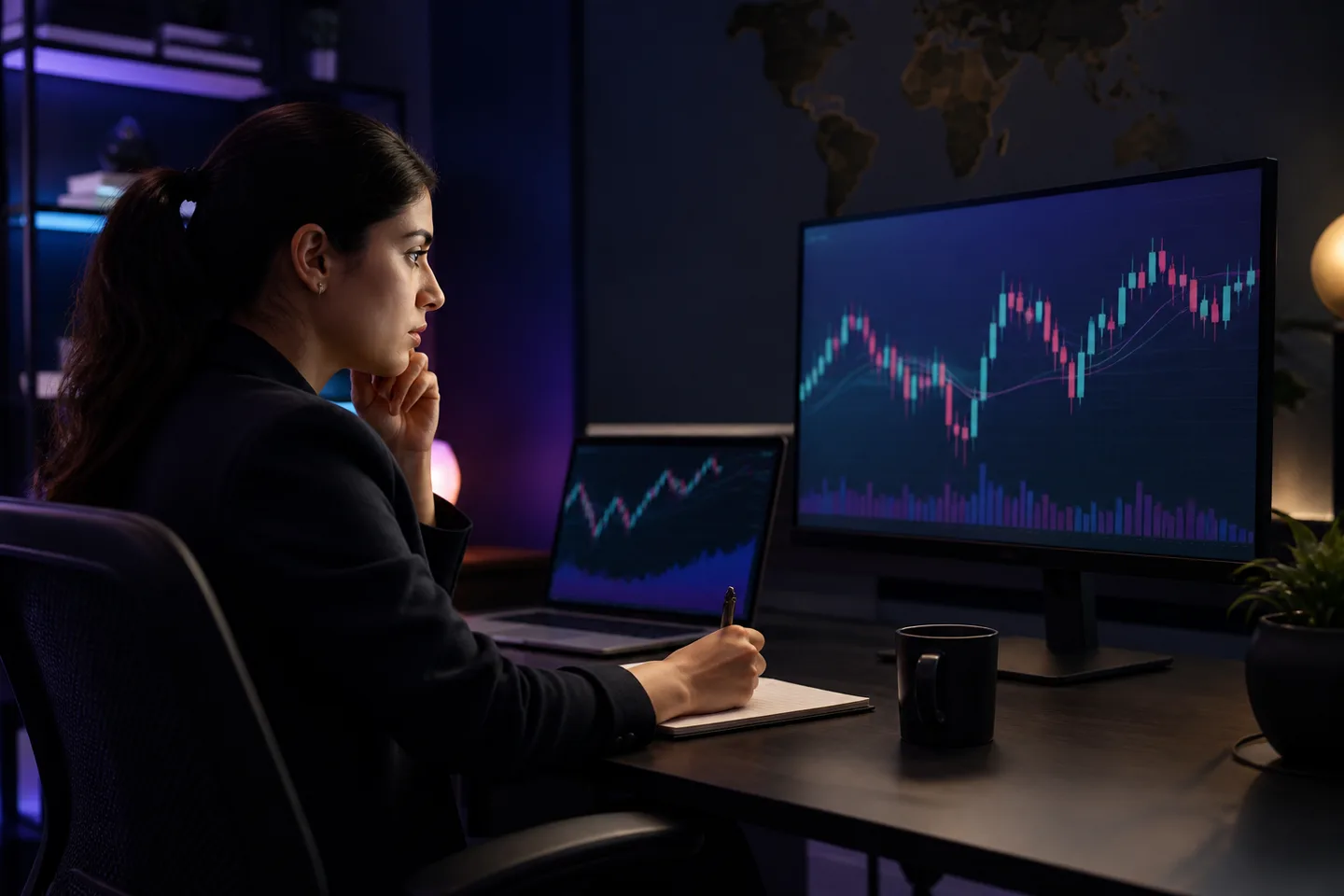 A market professional reviewing Forex charts and recording observations