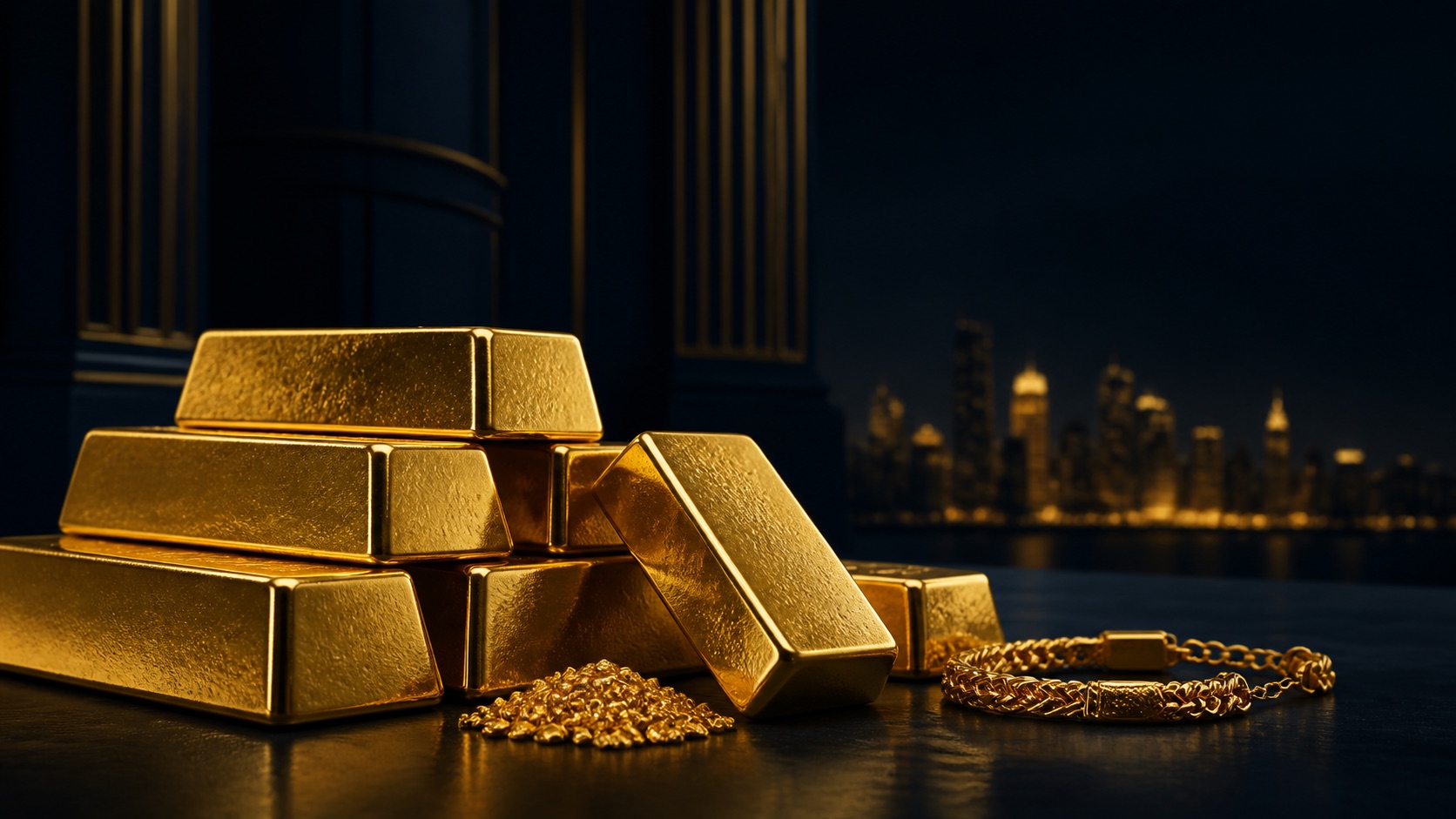 Gold bars, granules and jewellery in a dark editorial studio
