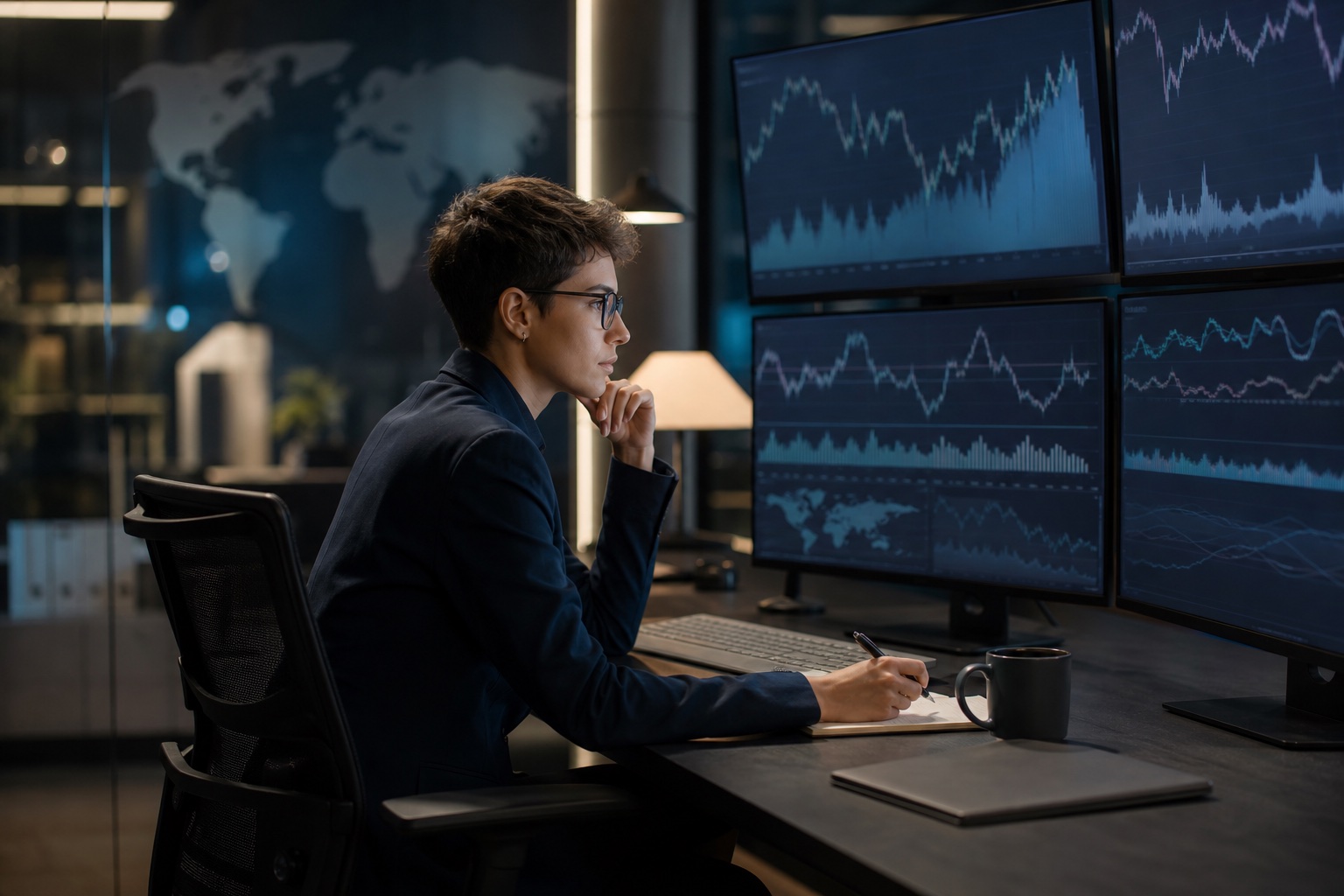An analyst reviewing global index charts and a benchmark watchlist