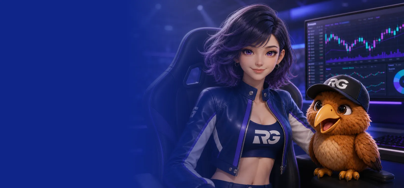Player One trader and Kiwi mascot in the RG competition arena