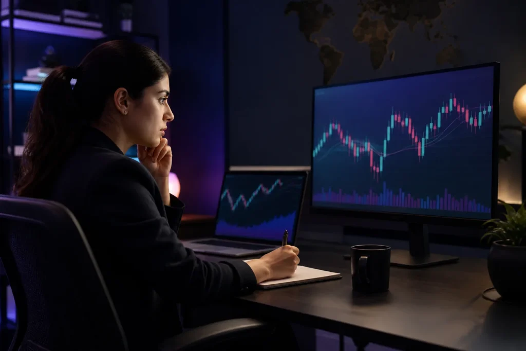 Trader reviewing forex market movement and weekly currency performance.